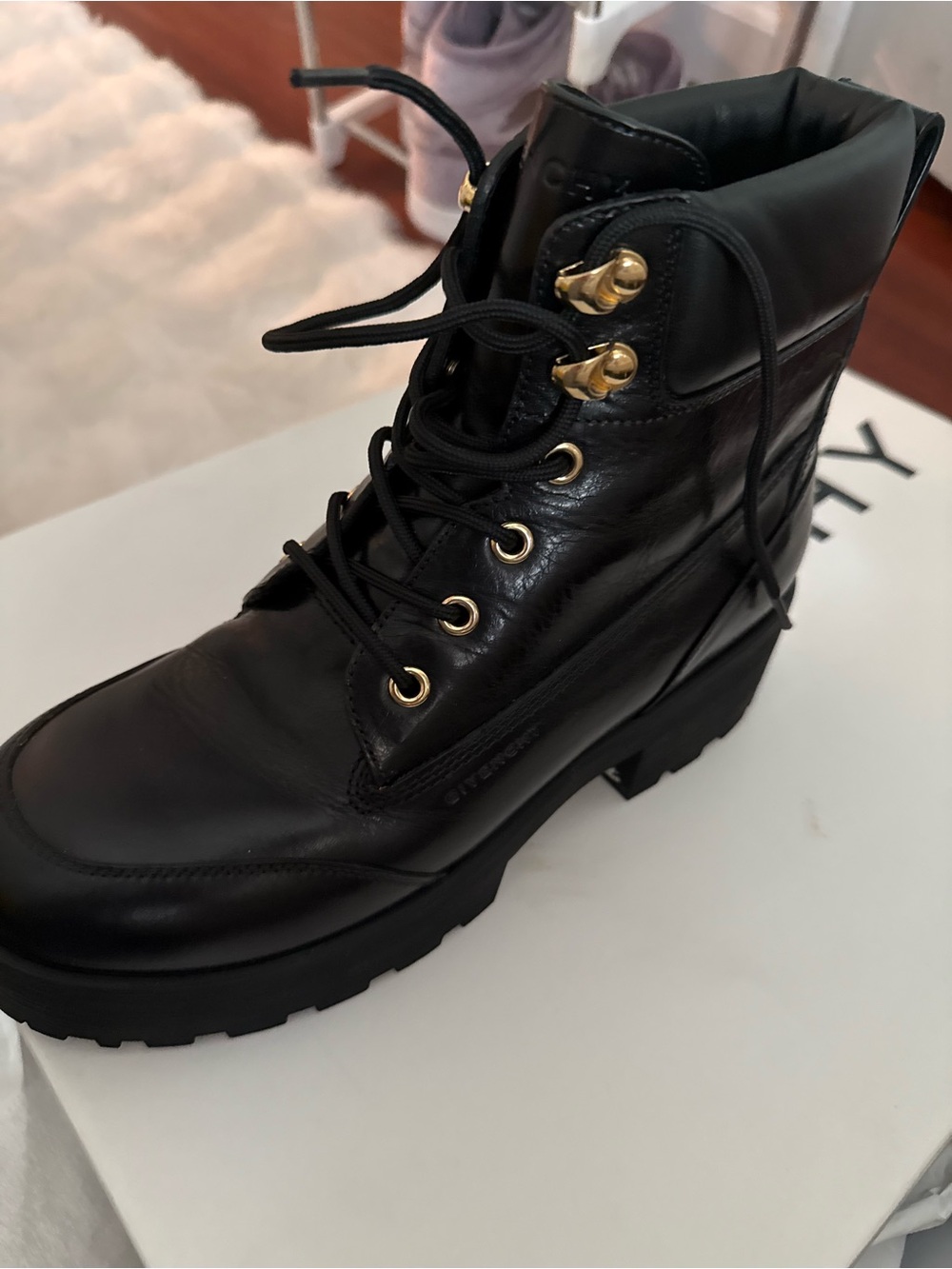 Givenchy Black Leather Lace-Up Combat Boot with Gold Hardware